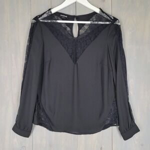 Bebe Lace Panel Blouse‎ Women XS Black Long Sleeve V-Neck Top Whimsigoth Fairy
